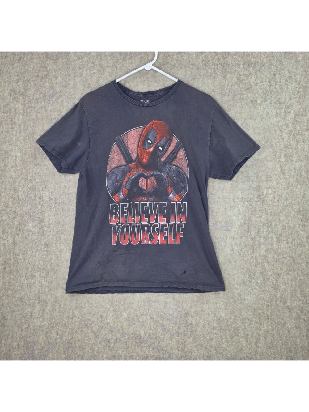 Marvel Mens Graphic Tee Black Large Cotton "Believe In Yourself" Deadpool Design